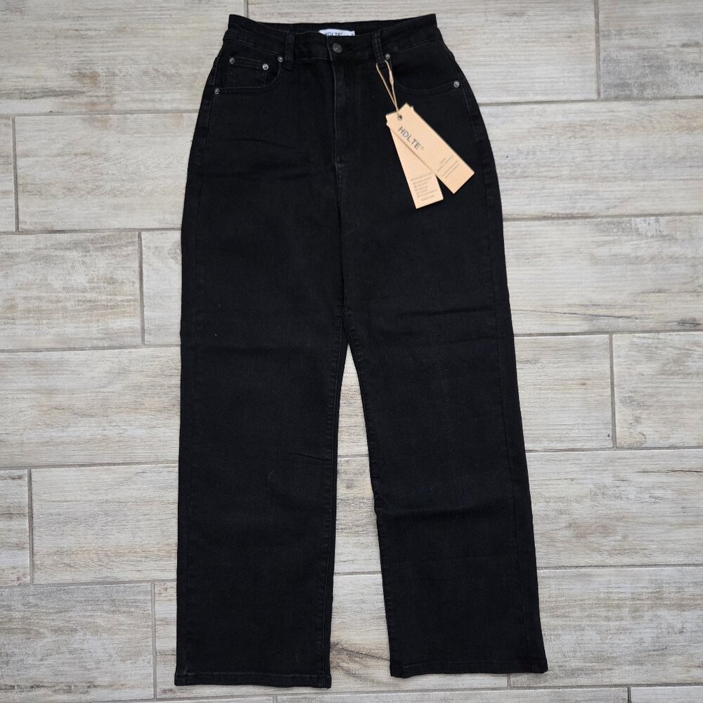 NWT HDLTE Wide Leg‎ Jeans Women's Faded Black High Rise Super Stretchy Denim S